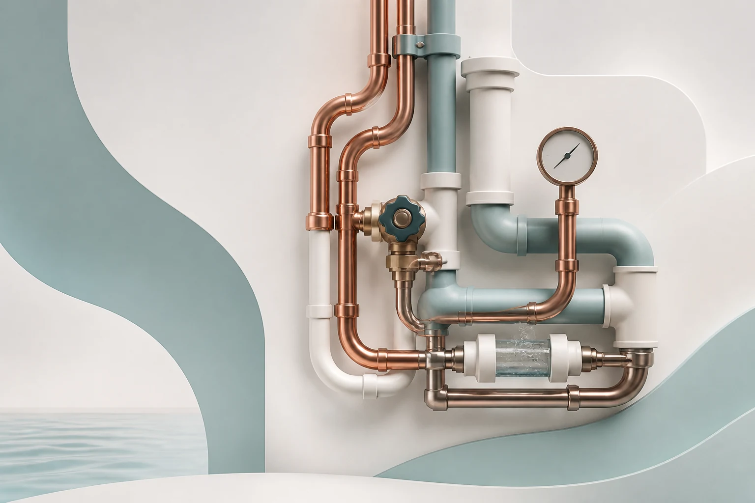 Conceptual copper and sea-glass hydronic plumbing assembly